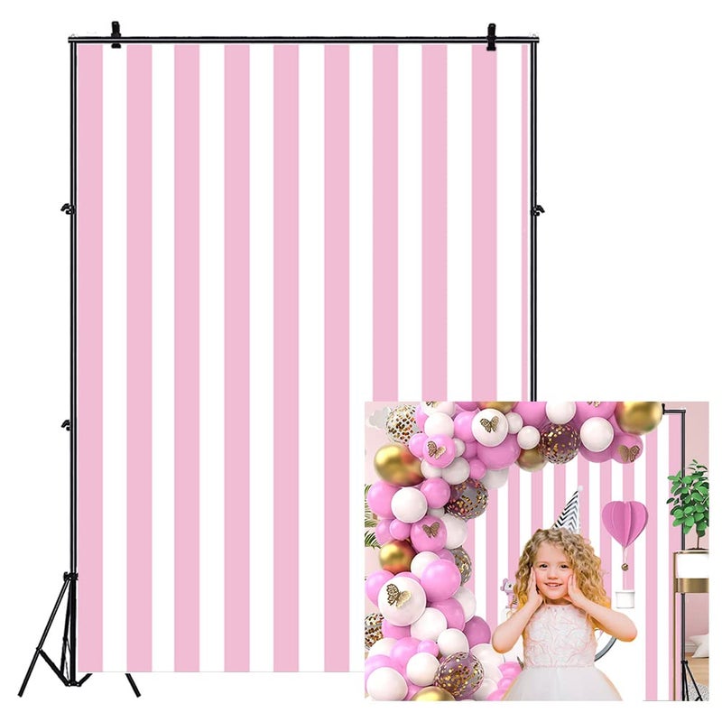 Leyiyi 5x7ft Photography Background Pink and White Stripe Backdrop Happy Birthday Party Vertical Horizontal Stripes Summer Holiday Banquet Baby Shower Blog Make-up Photo Portrait Vinyl Studio Prop - Image 1